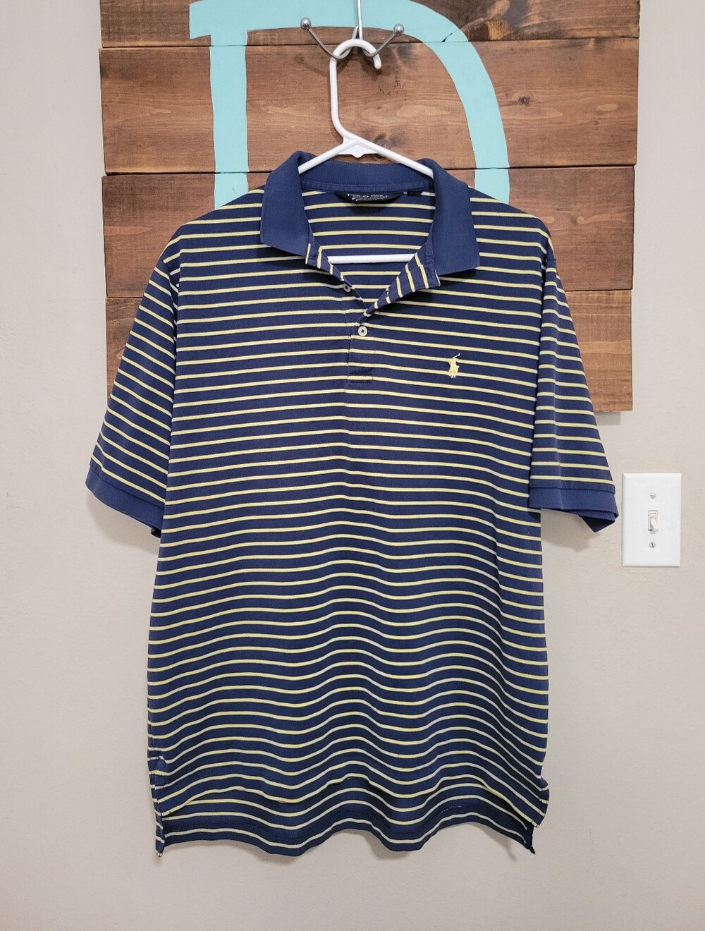 Polo Golf By Ralph Lauren Navy with Yellow Stripes Pima Cotton Polo Shirt Large